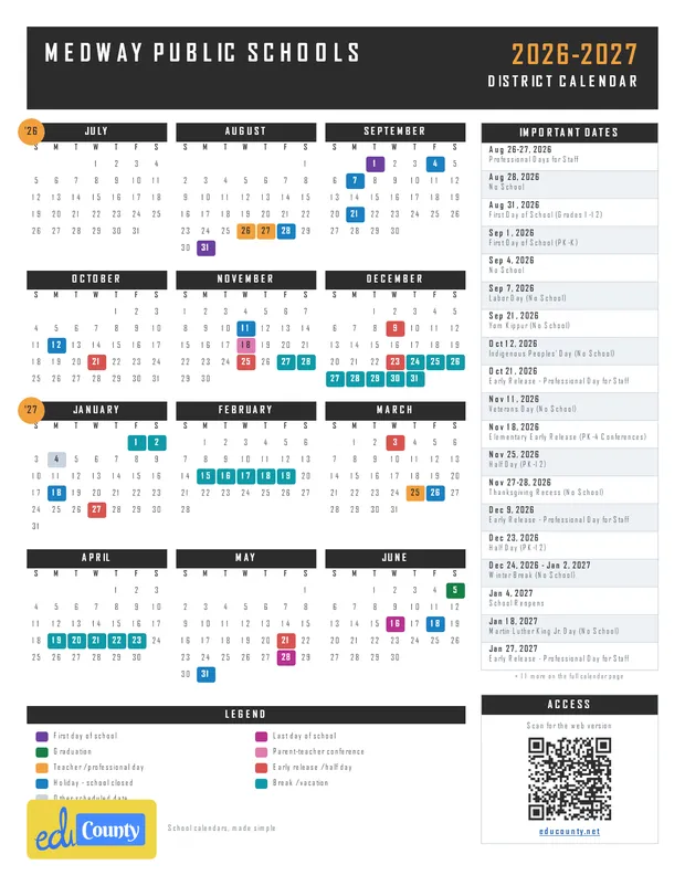 Medway Public Schools printable 2026-27 calendar
