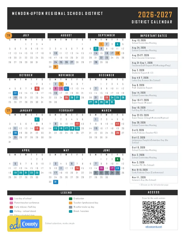 Mendon-Upton Regional School District printable 2026-27 calendar