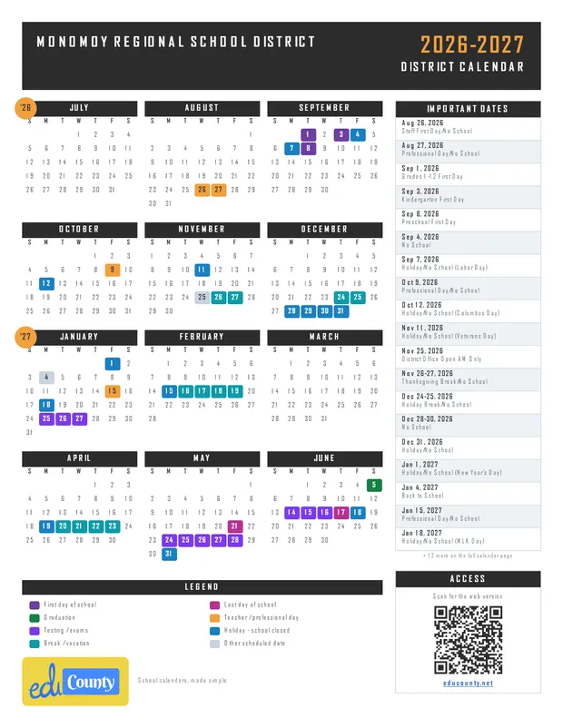 Monomoy Regional School District printable 2026-27 calendar