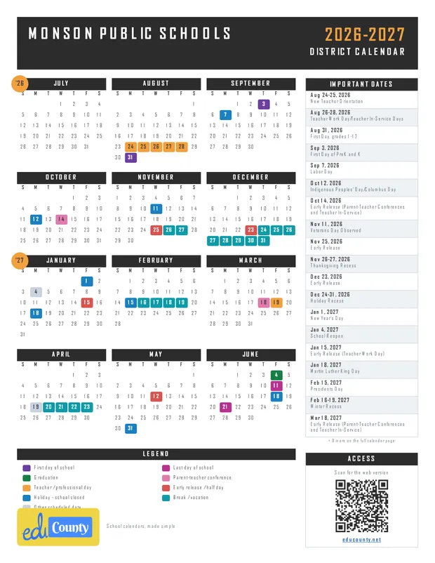 MONSON PUBLIC SCHOOLS printable 2026-27 calendar