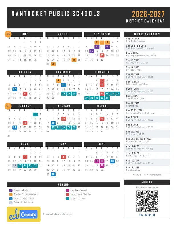 Nantucket Public Schools printable 2026-27 calendar
