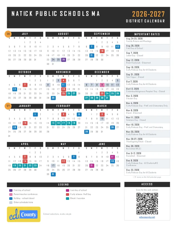 Natick Public Schools printable 2026-27 calendar
