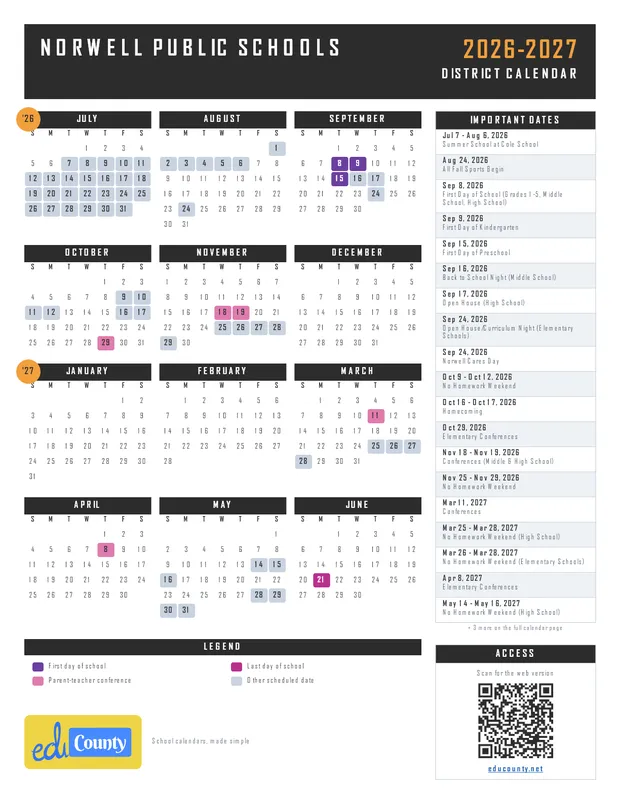Norwell Public Schools printable 2026-27 calendar