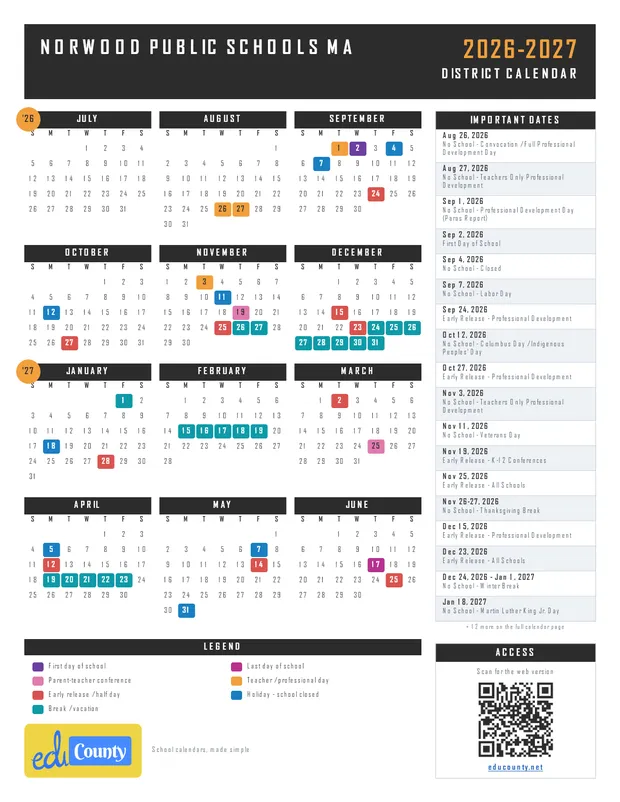 Norwood Public Schools printable 2026-27 calendar