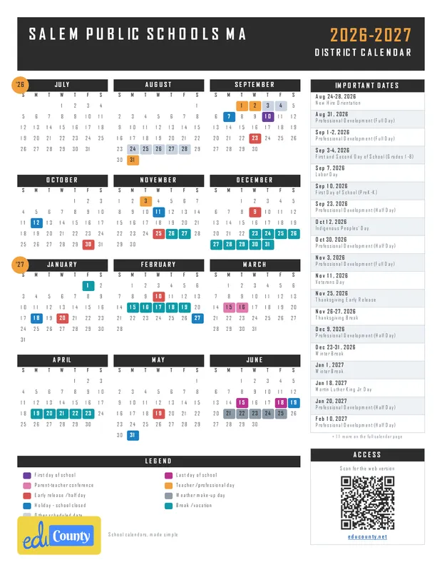 Salem Public Schools printable 2026-27 calendar