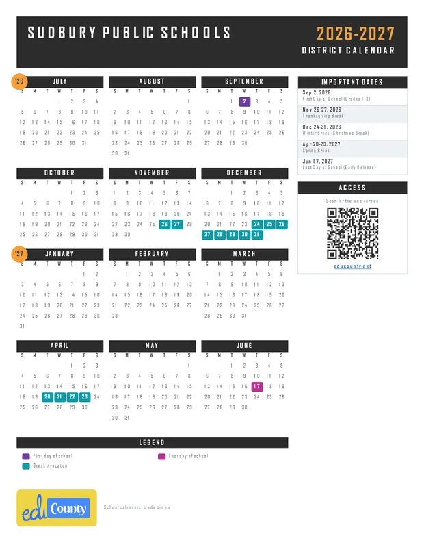 Sudbury Public Schools printable 2026-27 calendar