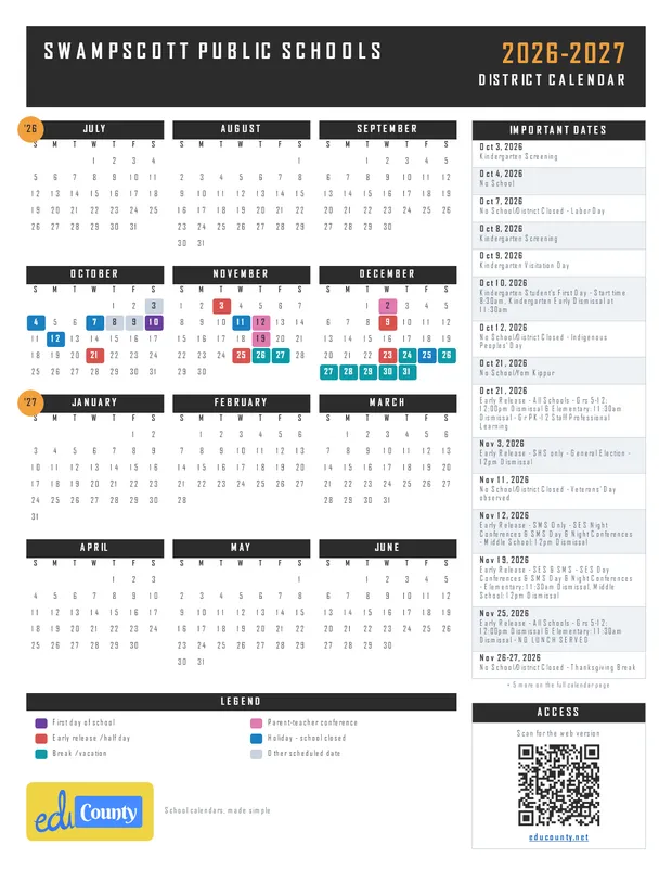 Swampscott Public Schools printable 2026-27 calendar