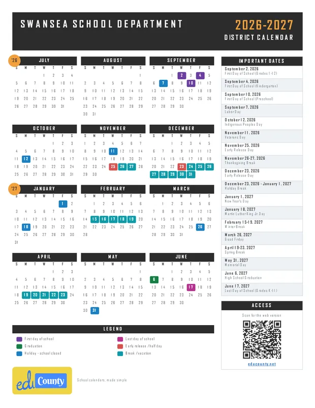 Swansea School Department printable 2026-27 calendar