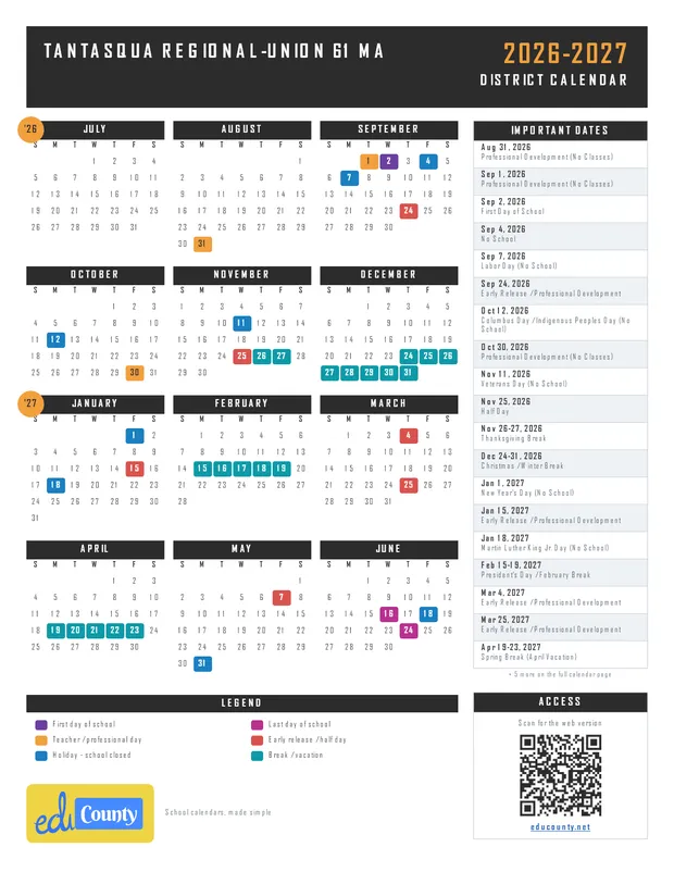 Tantasqua Regional-Union 61 printable 2026-27 calendar
