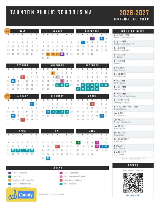 Taunton Public Schools printable 2026-27 calendar