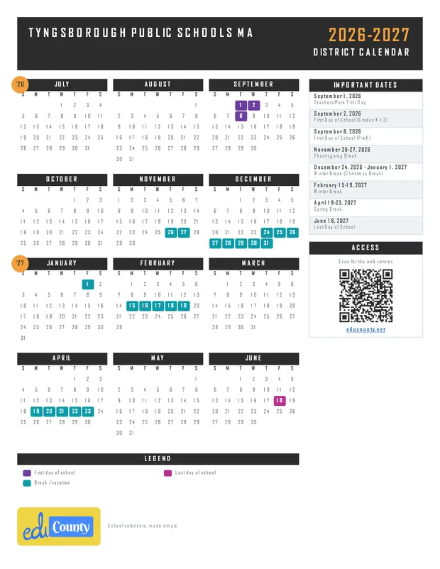 Tyngsborough Public Schools printable 2026-27 calendar