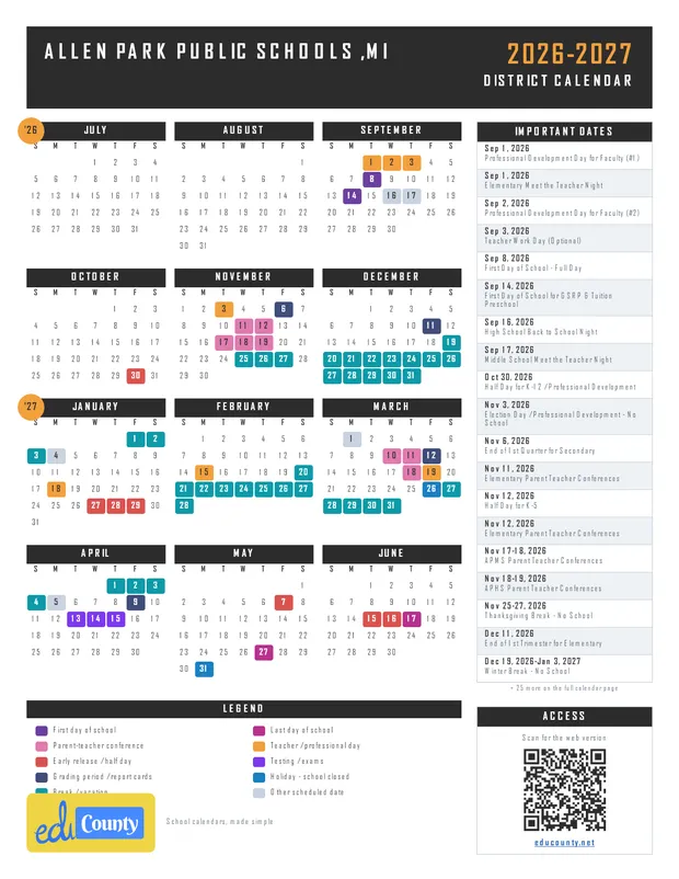 Allen Park Public Schools printable 2026-27 calendar