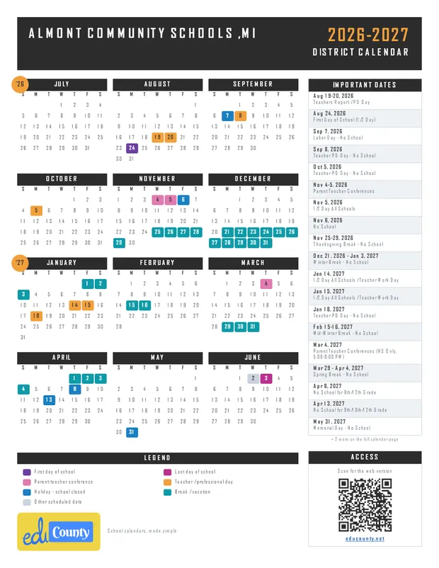 Almont Community Schools printable 2026-27 calendar