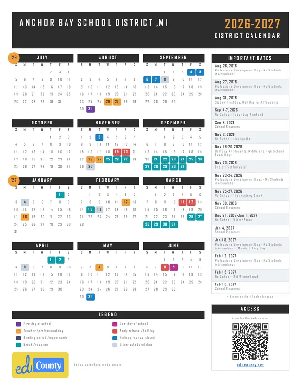 ANCHOR BAY SCHOOL DISTRICT printable 2026-27 calendar