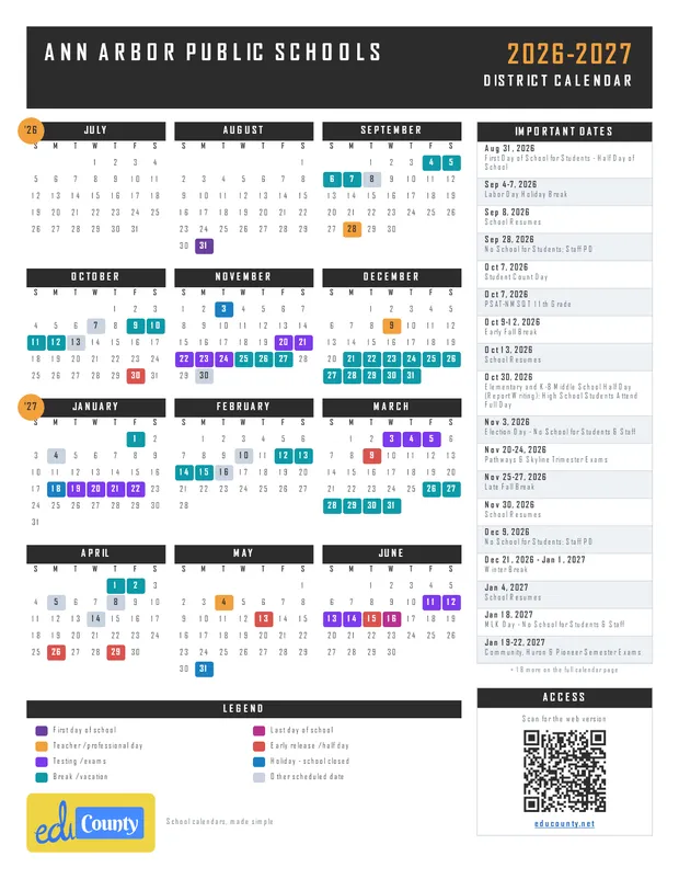 Ann Arbor Public Schools printable 2026-27 calendar