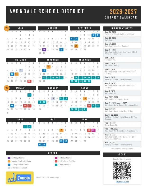 Avondale School District printable 2026-27 calendar