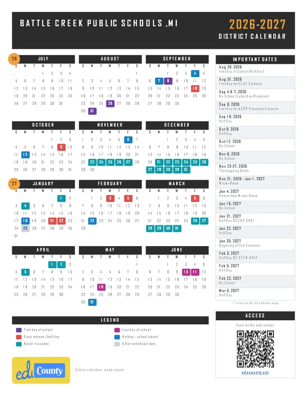 Battle Creek Public Schools printable 2026-27 calendar