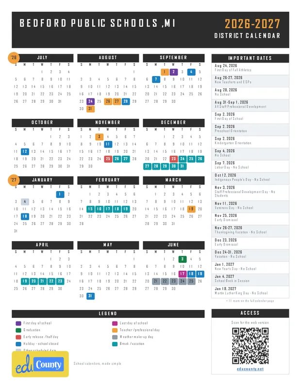 Bedford Public Schools printable 2026-27 calendar