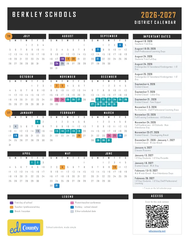Berkley Schools printable 2026-27 calendar
