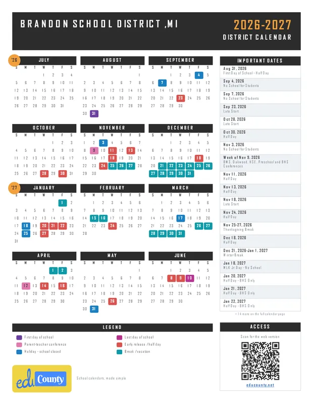 Brandon School District printable 2026-27 calendar