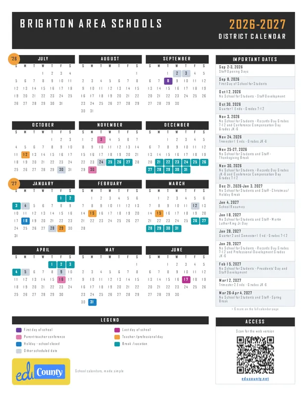 BRIGHTON AREA SCHOOLS printable 2026-27 calendar