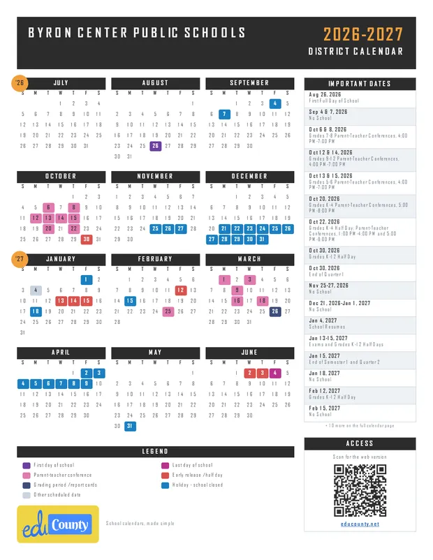 Byron Center Public Schools printable 2026-27 calendar