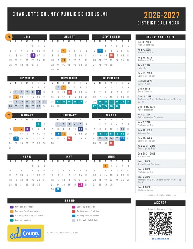 Charlotte County Public Schools printable 2026-27 calendar