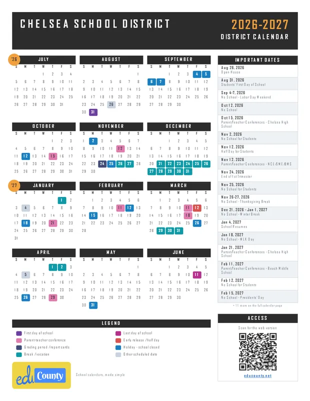 Chelsea School District printable 2026-27 calendar