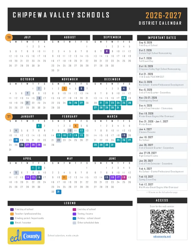 Chippewa Valley Schools printable 2026-27 calendar