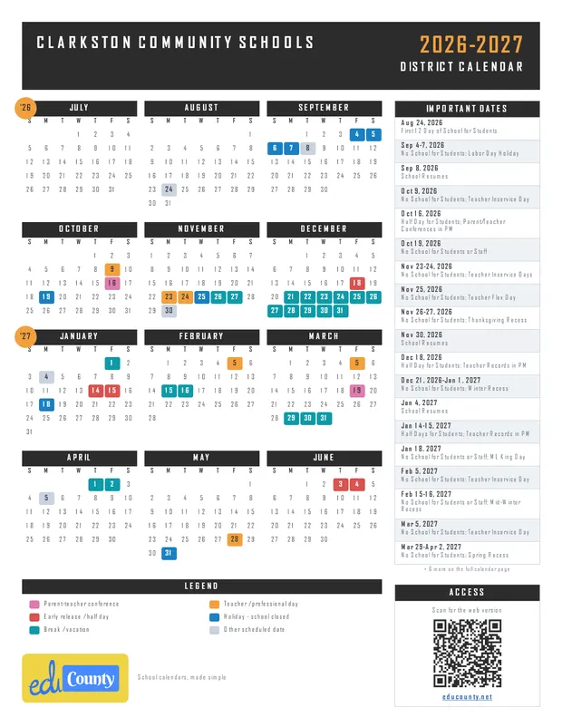 Clarkston Community Schools printable 2026-27 calendar