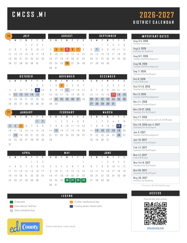 CMCSS printable 2026-27 calendar