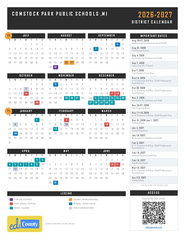 Comstock Park Public Schools printable 2026-27 calendar