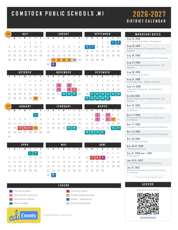 Comstock Public Schools printable 2026-27 calendar