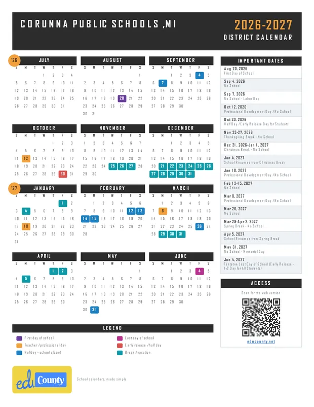 Corunna Public Schools printable 2026-27 calendar