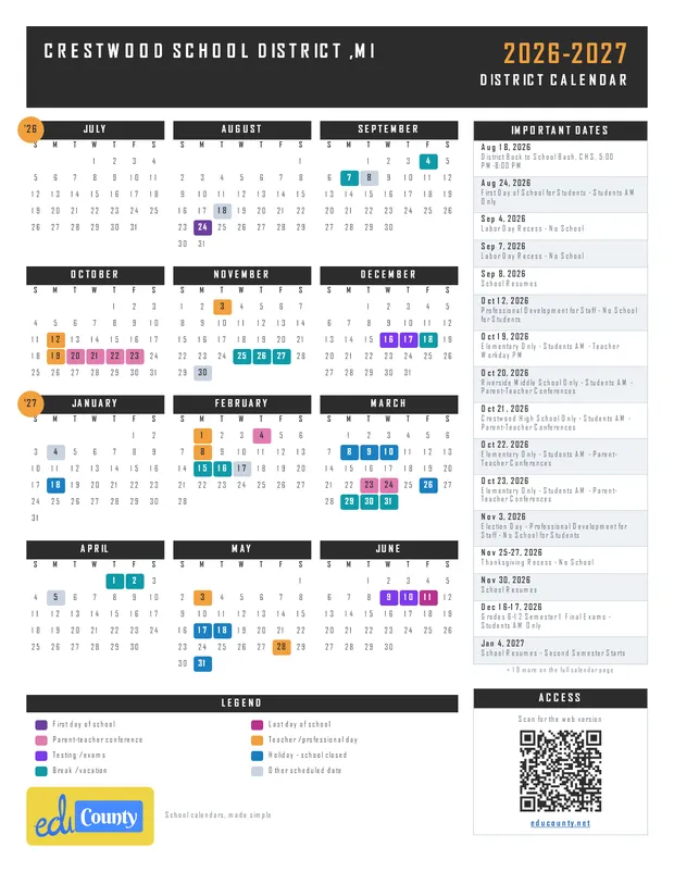 CRESTWOOD SCHOOL DISTRICT printable 2026-27 calendar