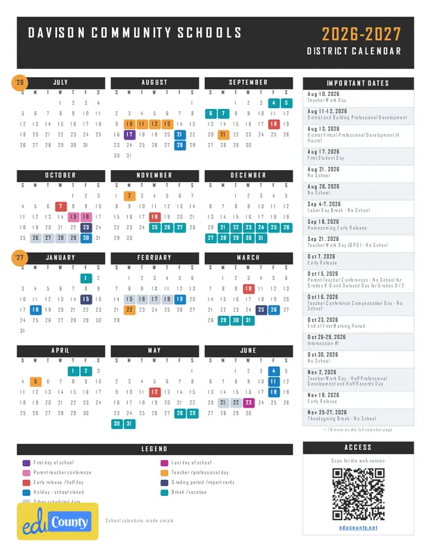 Davison Community Schools printable 2026-27 calendar