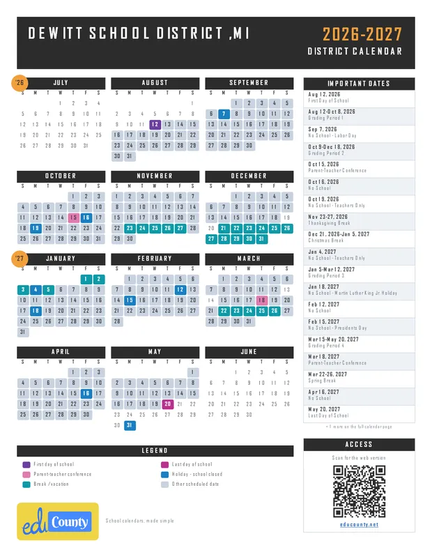 DeWitt School District printable 2026-27 calendar