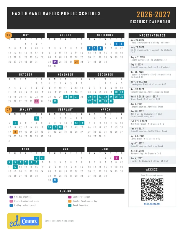 East Grand Rapids Public Schools printable 2026-27 calendar