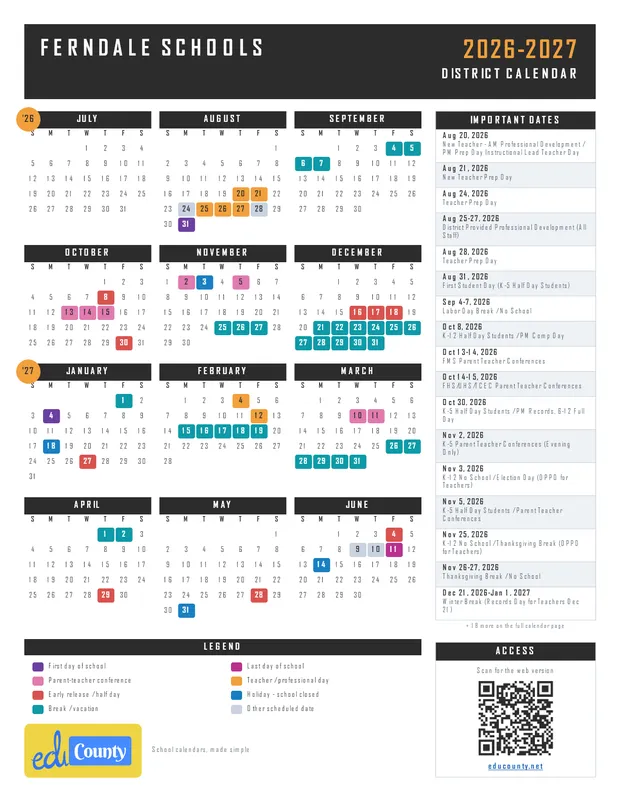Ferndale Schools printable 2026-27 calendar