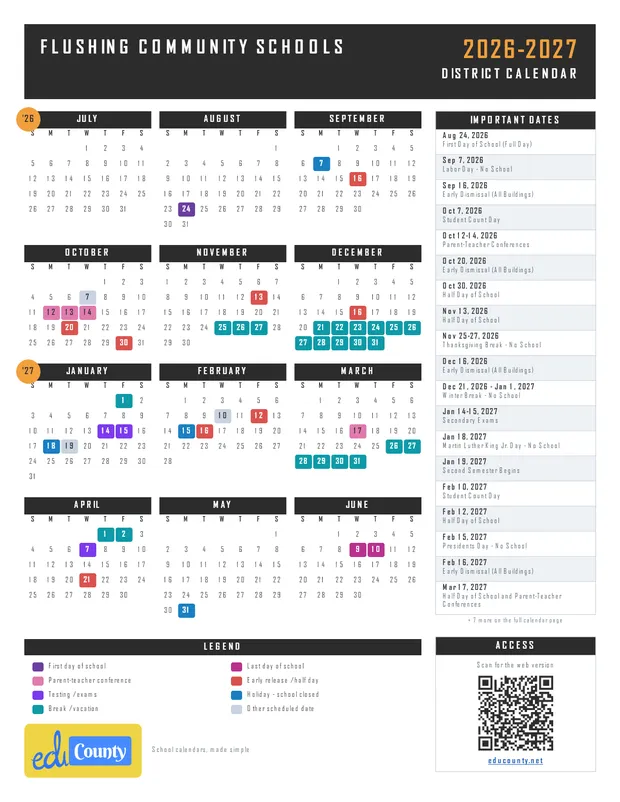 Flushing Community Schools printable 2026-27 calendar