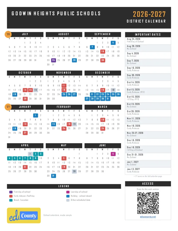 Godwin Heights Public Schools printable 2026-27 calendar