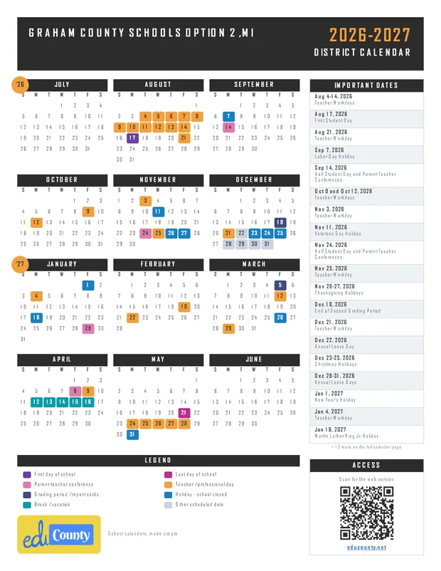 Graham County Schools Option 2 printable 2026-27 calendar