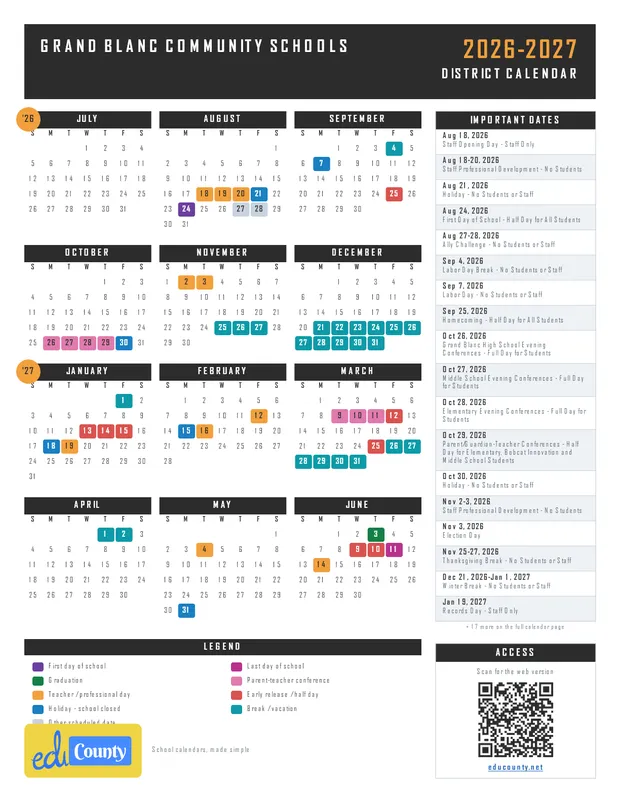 GRAND BLANC COMMUNITY SCHOOLS printable 2026-27 calendar
