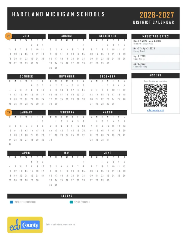 Hartland Michigan Schools 22-23 printable 2026-27 calendar