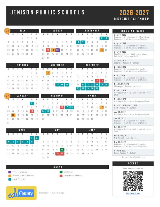Jenison Public Schools printable 2026-27 calendar