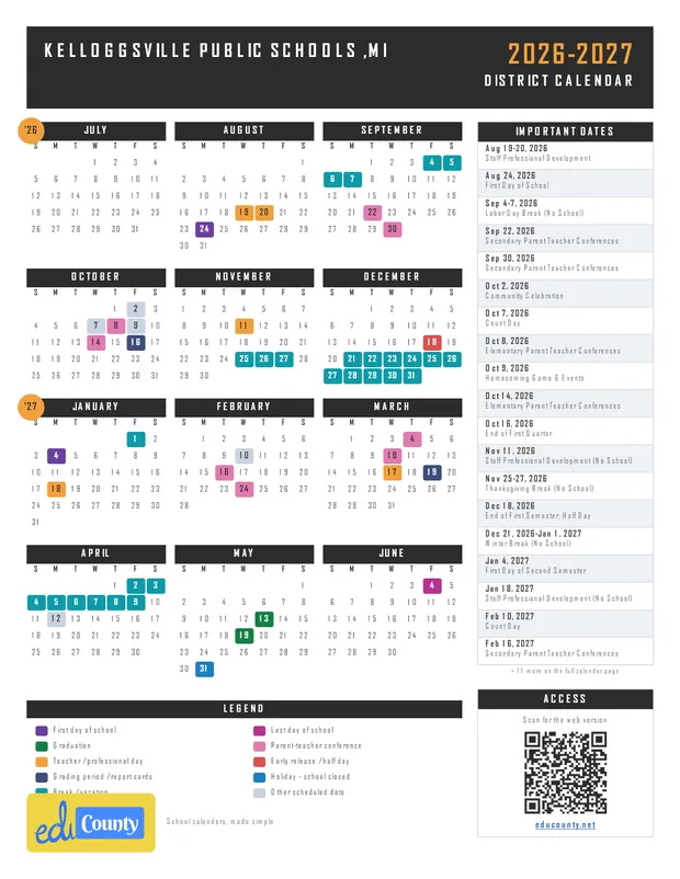 Kelloggsville Public Schools printable 2026-27 calendar