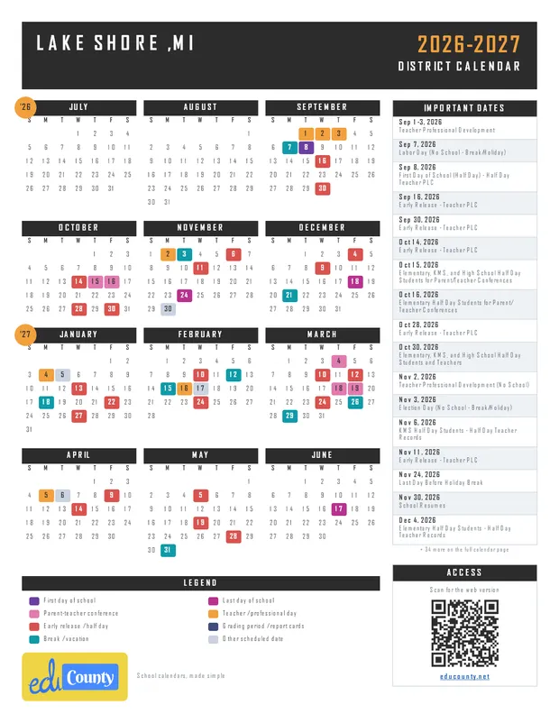 Lake Shore printable 2026-27 calendar