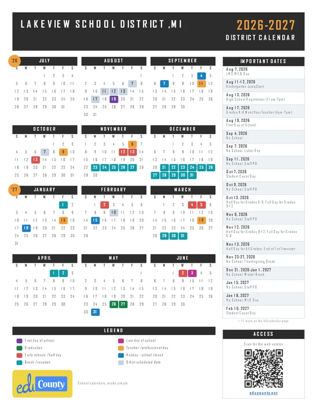 Lakeview School District printable 2026-27 calendar