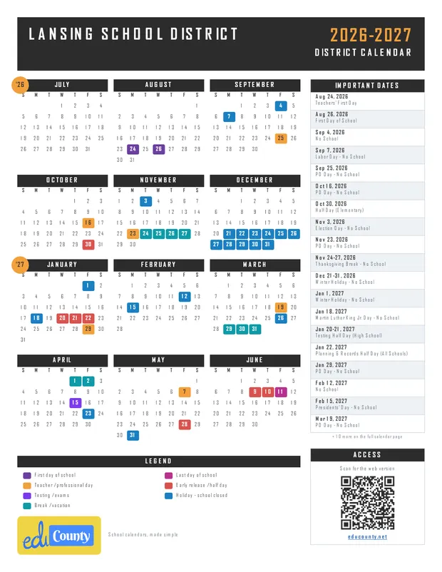 Lansing School District printable 2026-27 calendar
