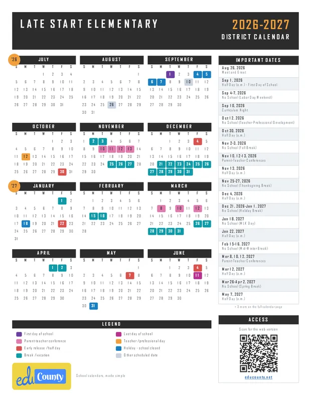 Late Start Elementary printable 2026-27 calendar